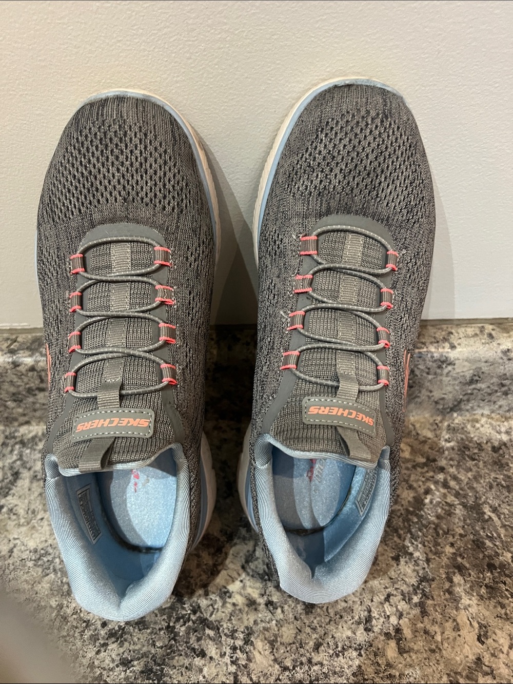 Skechers Gray Knit Slip-On Athletic Sneakers with Pink Highlights